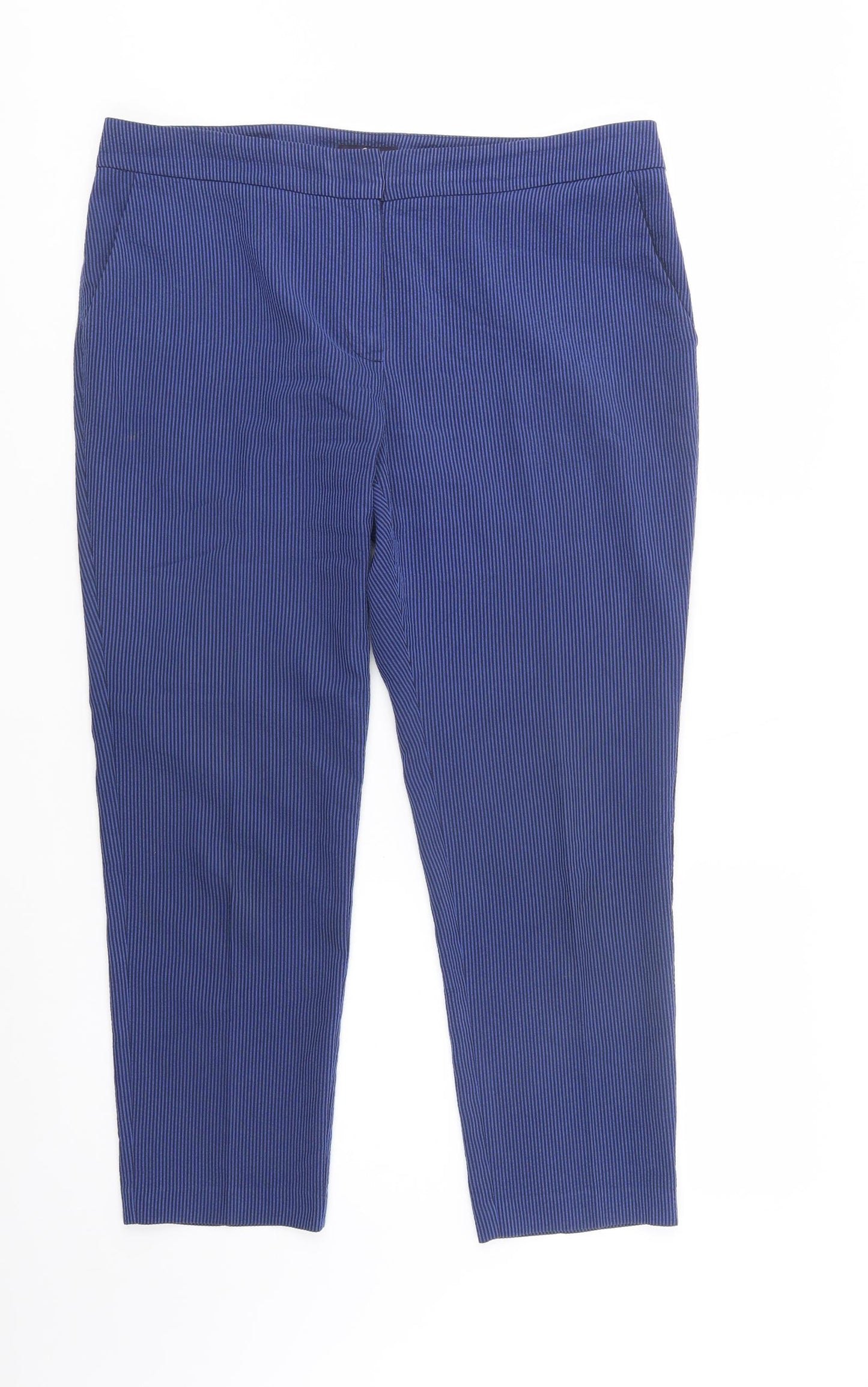 Marks and Spencer Womens Blue Striped Polyester Dress Pants Trousers Size 14 L27 in Regular Button