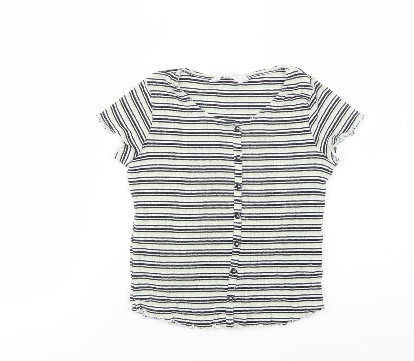 H&M Girls Green Striped Cotton Pullover T-Shirt Size 10-11 Years Scoop Neck Pullover