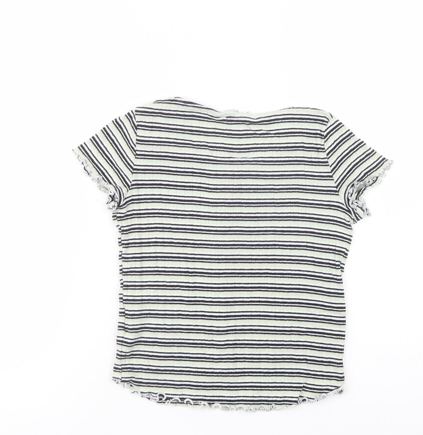H&M Girls Green Striped Cotton Pullover T-Shirt Size 10-11 Years Scoop Neck Pullover