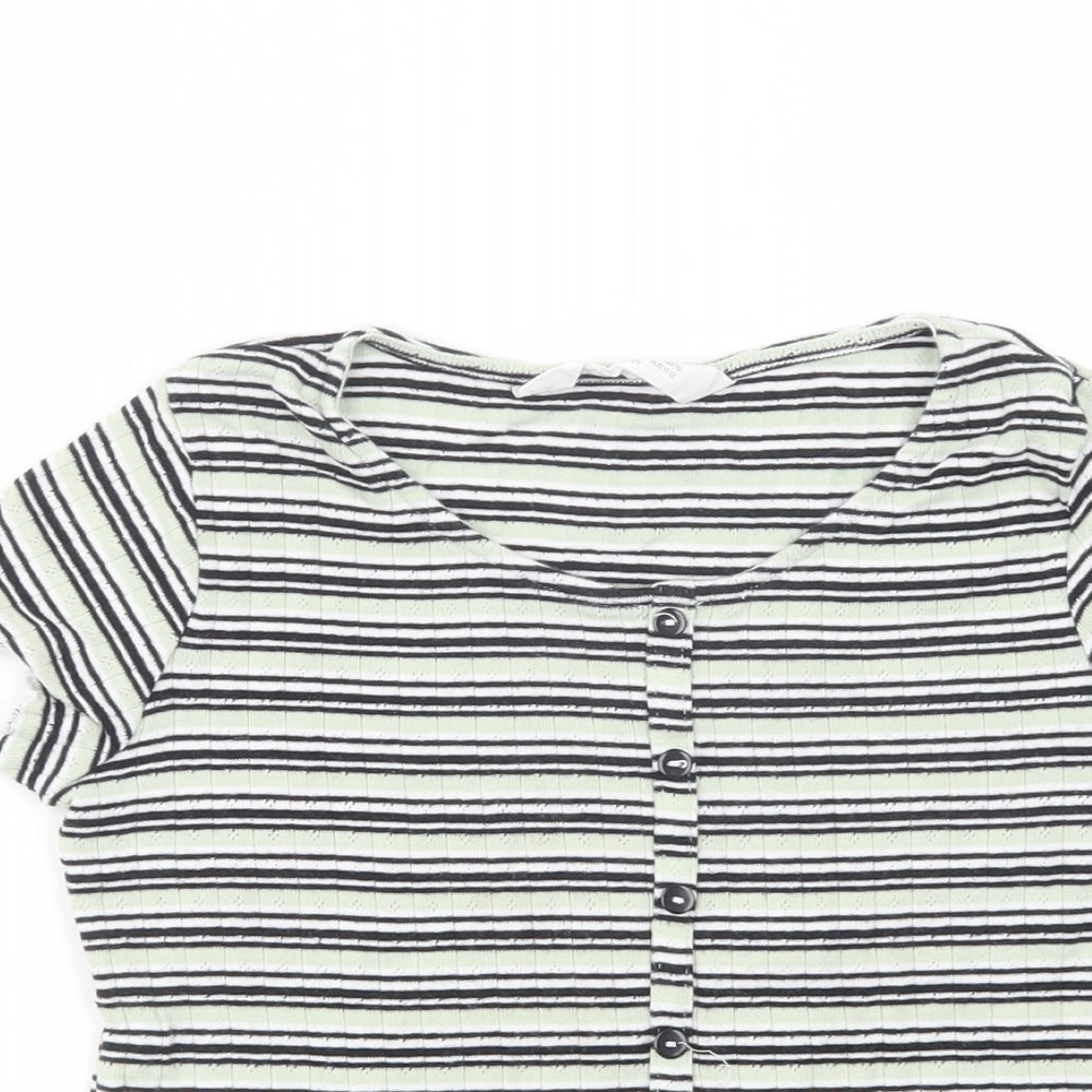 H&M Girls Green Striped Cotton Pullover T-Shirt Size 10-11 Years Scoop Neck Pullover