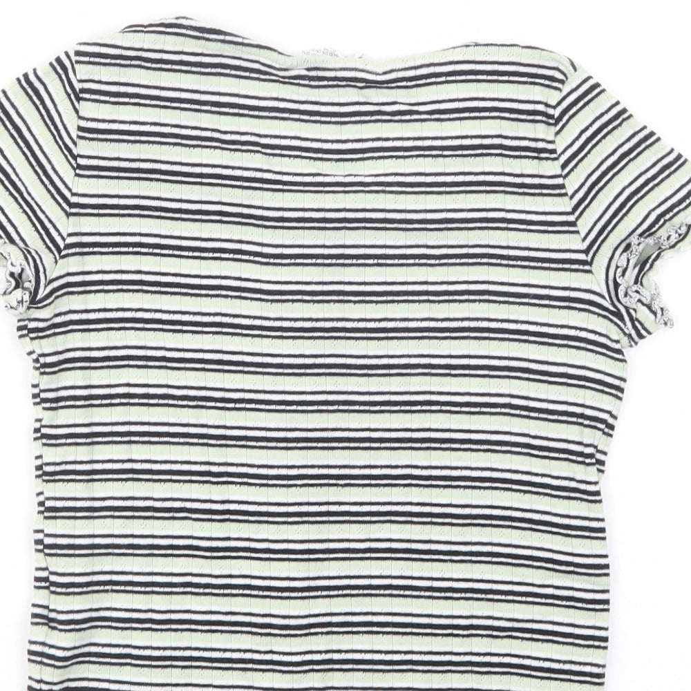 H&M Girls Green Striped Cotton Pullover T-Shirt Size 10-11 Years Scoop Neck Pullover