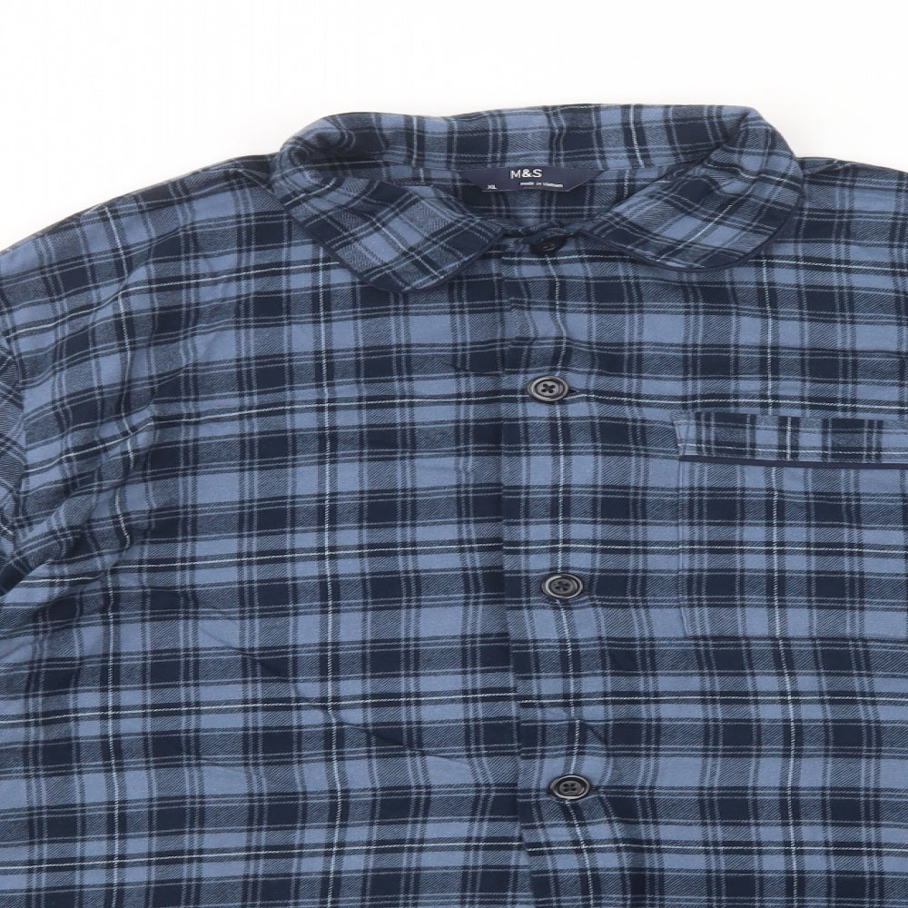 Marks and Spencer Mens Blue Plaid Cotton  Pyjama Top Size XL  Button