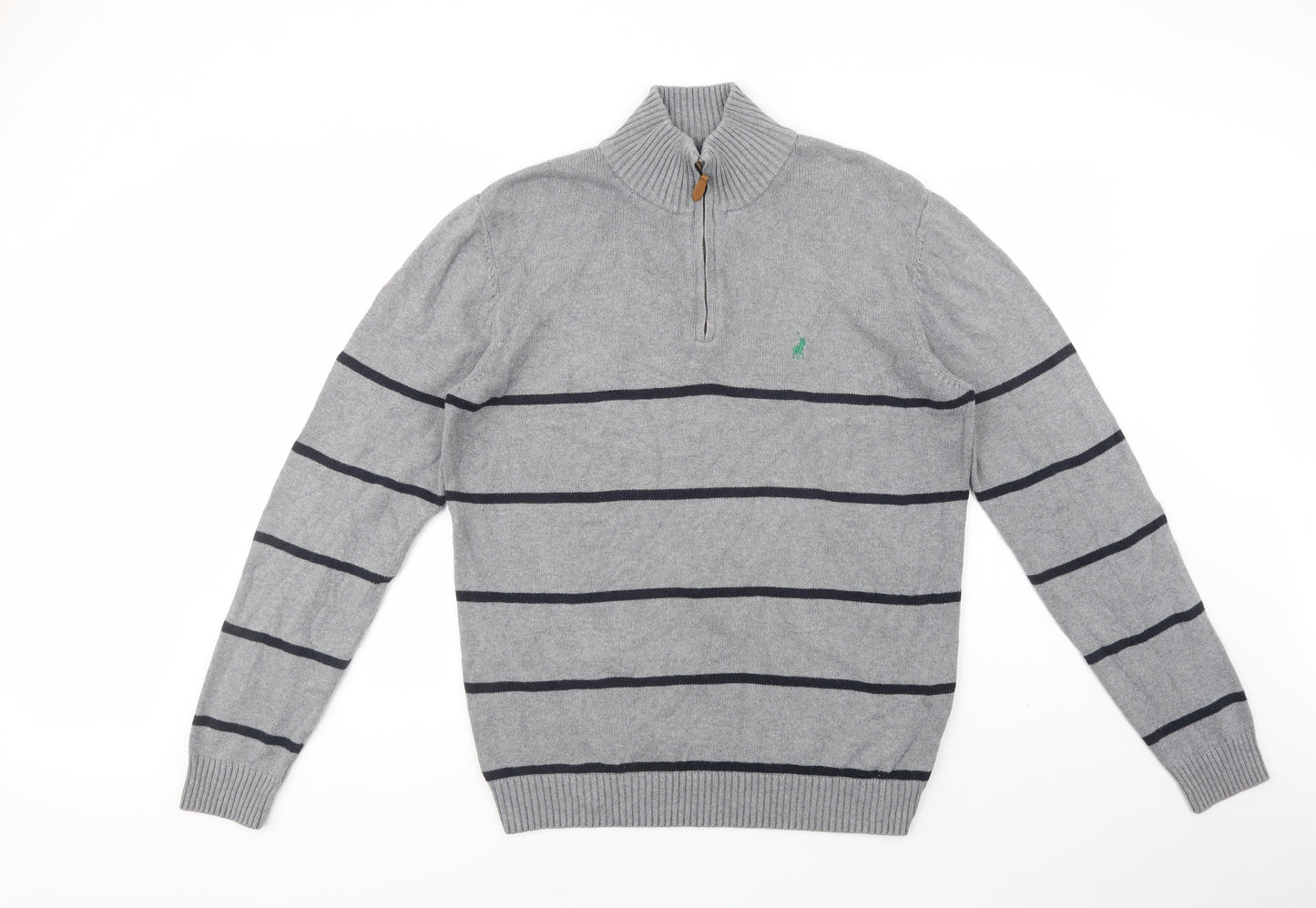 Polo by Ralph Lauren Mens Grey High Neck Striped Cotton Henley Jumper Size XL