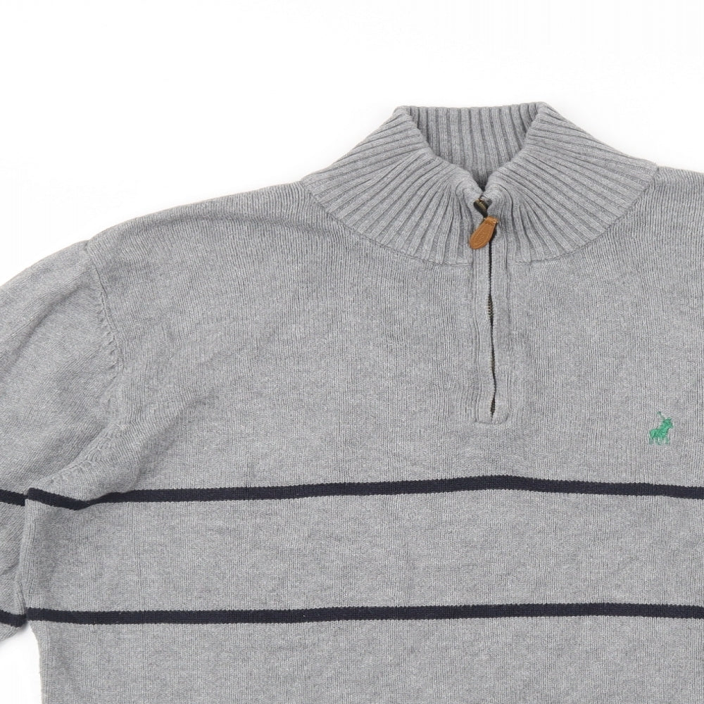 Polo by Ralph Lauren Mens Grey High Neck Striped Cotton Henley Jumper Size XL
