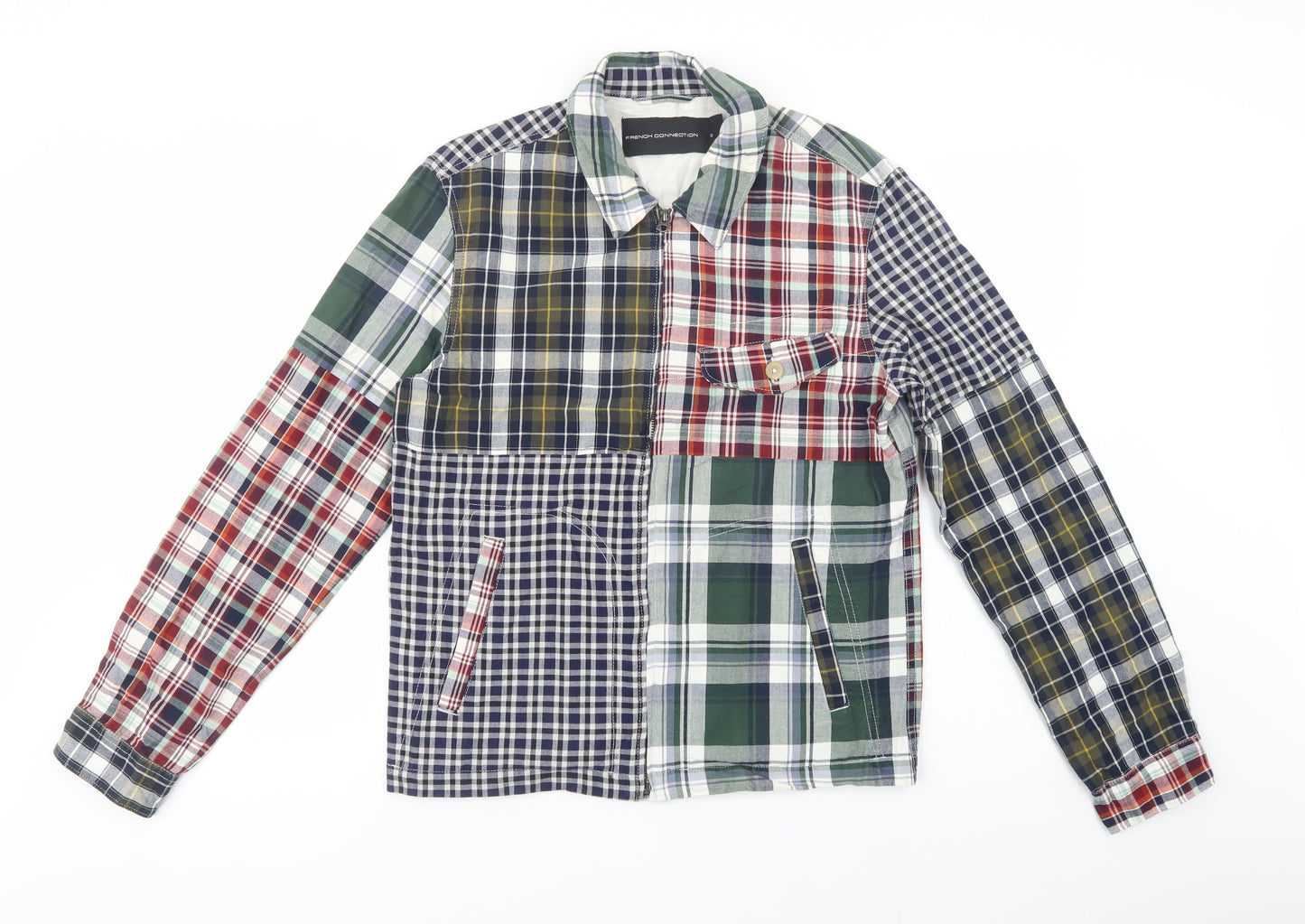 French Connection Mens Multicoloured Plaid Cotton  Button-Up Size S Collared Zip