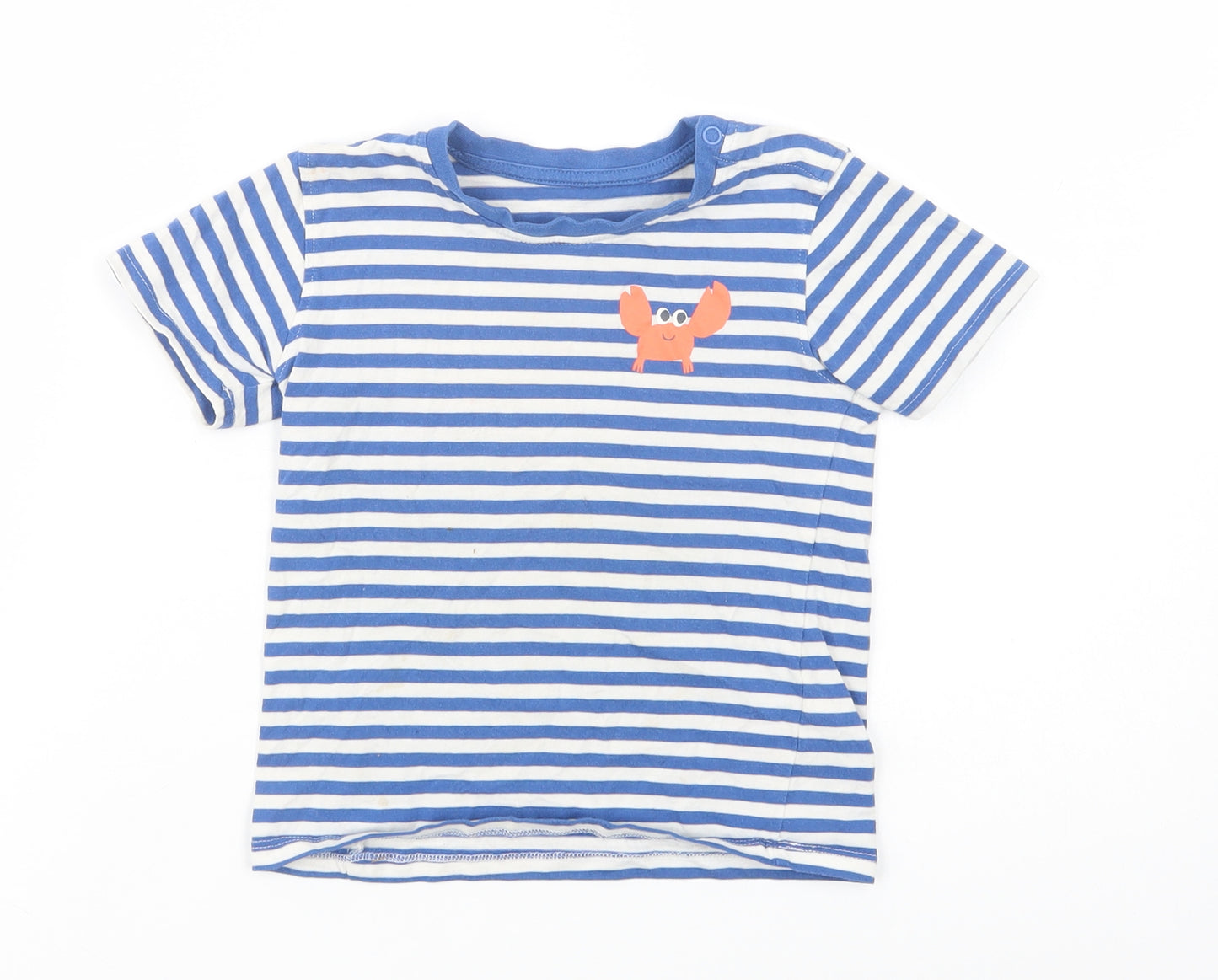 Marks and Spencer Boys Blue Striped Cotton Pullover T-Shirt Size 2-3 Years Crew Neck Snap - Crab