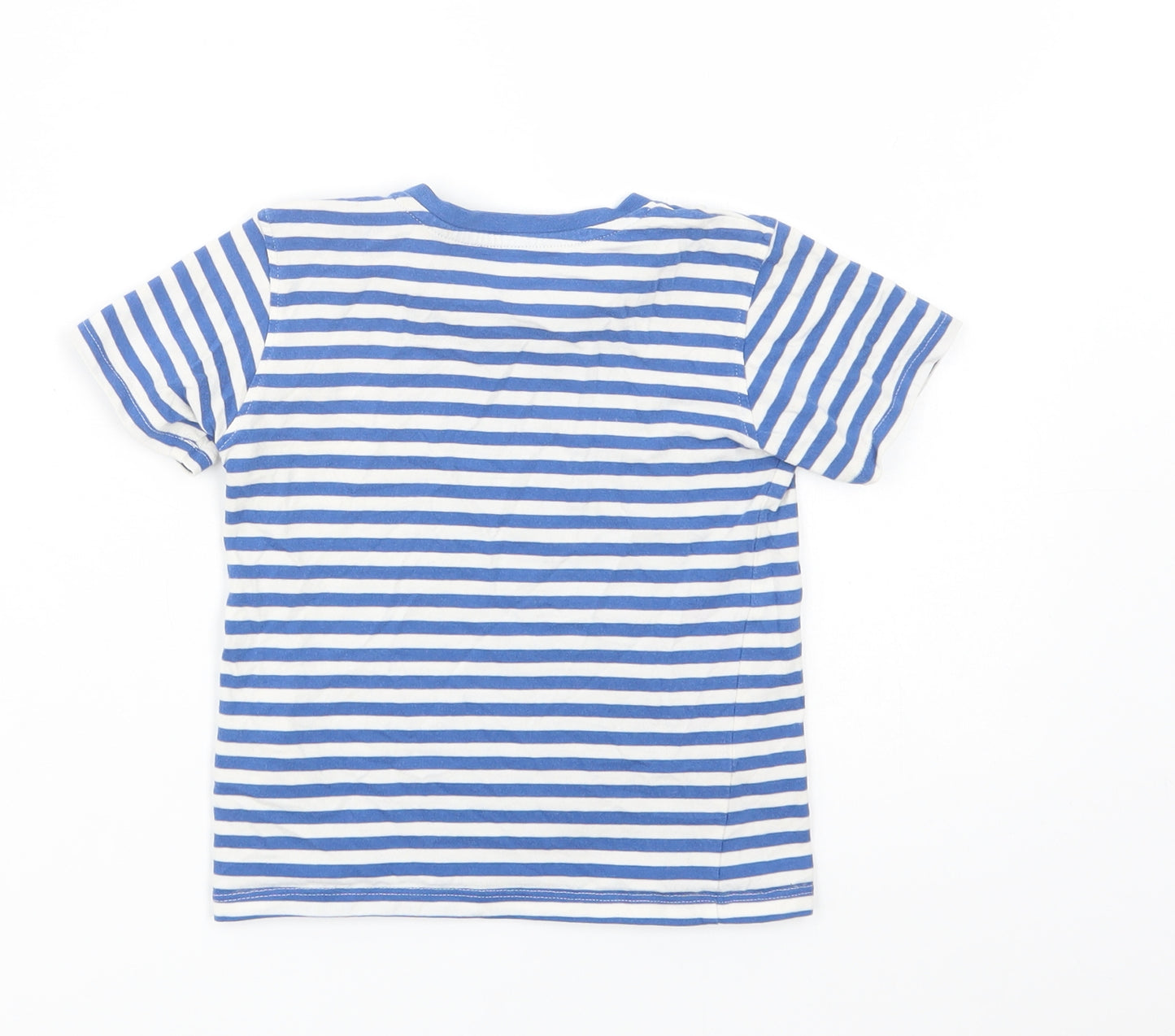 Marks and Spencer Boys Blue Striped Cotton Pullover T-Shirt Size 2-3 Years Crew Neck Snap - Crab