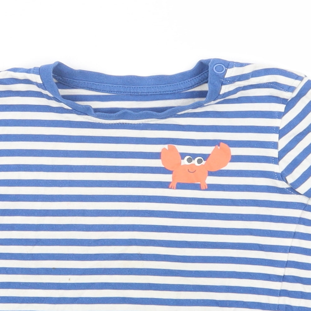 Marks and Spencer Boys Blue Striped Cotton Pullover T-Shirt Size 2-3 Years Crew Neck Snap - Crab