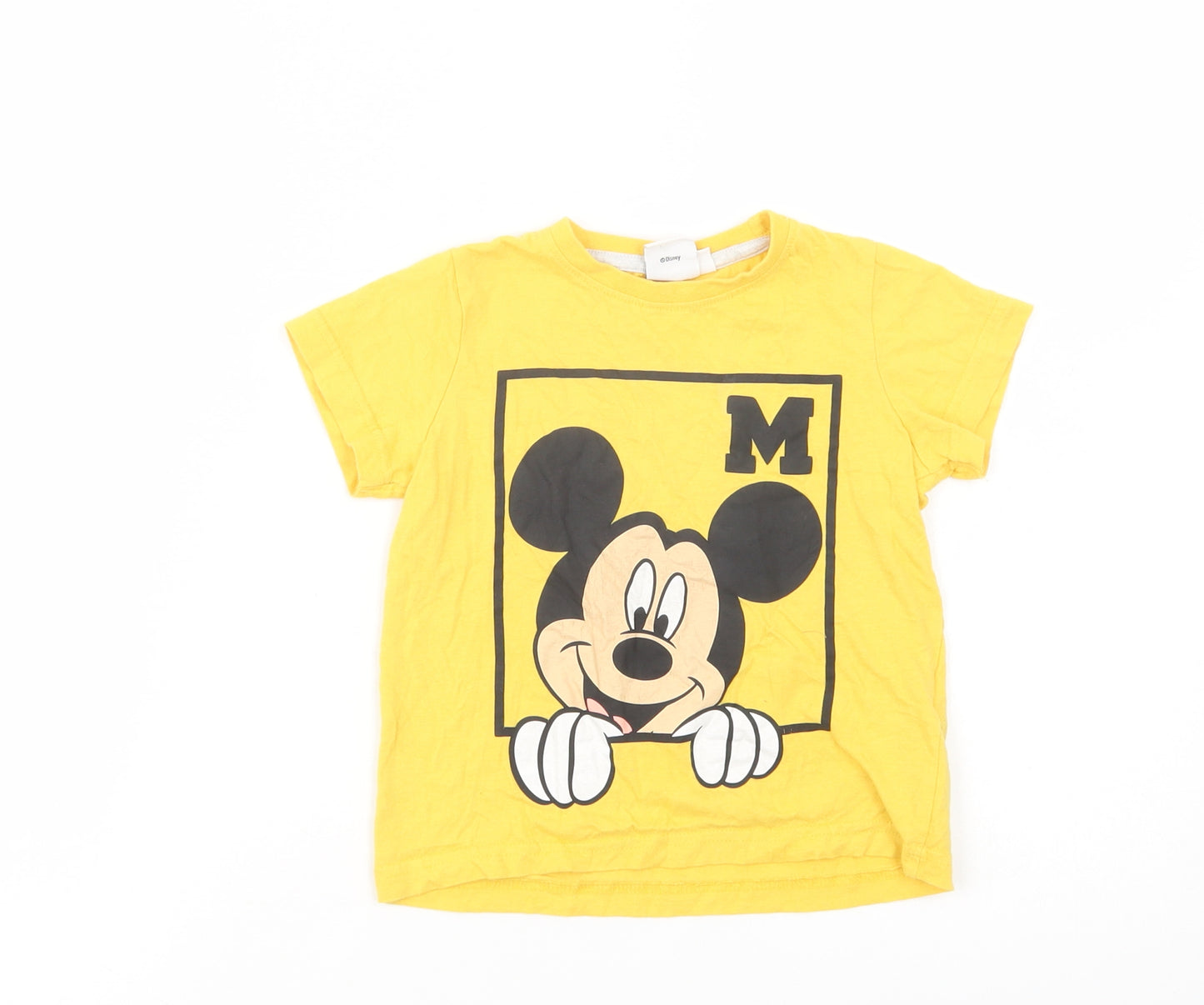 Primark Girls Yellow  Cotton Basic T-Shirt Size 2-3 Years Crew Neck Pullover - Mickey Mouse
