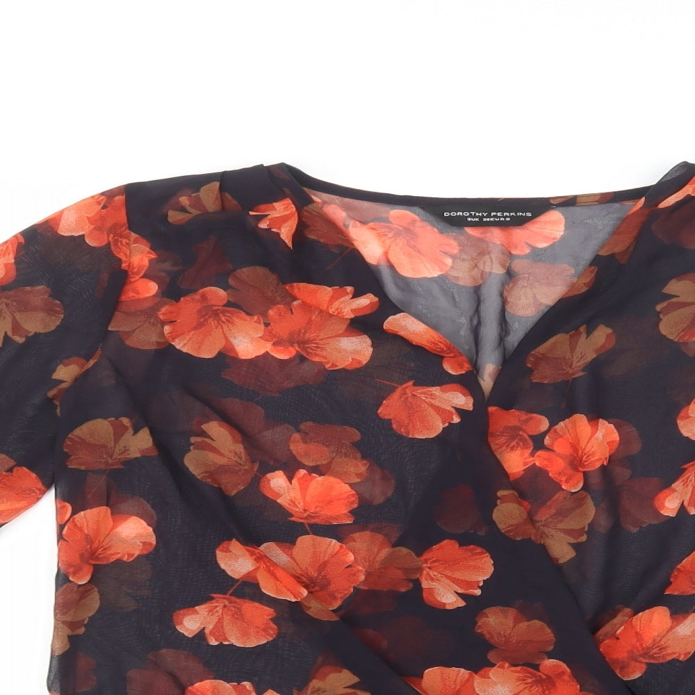 Dorothy Perkins Womens Black Floral Polyester Basic Blouse Size 8 V-Neck