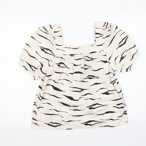 New Look Womens Ivory Animal Print Cotton Basic Blouse Size 10 Square Neck