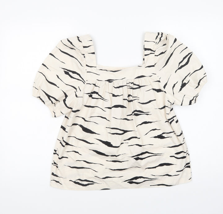 New Look Womens Ivory Animal Print Cotton Basic Blouse Size 10 Square Neck