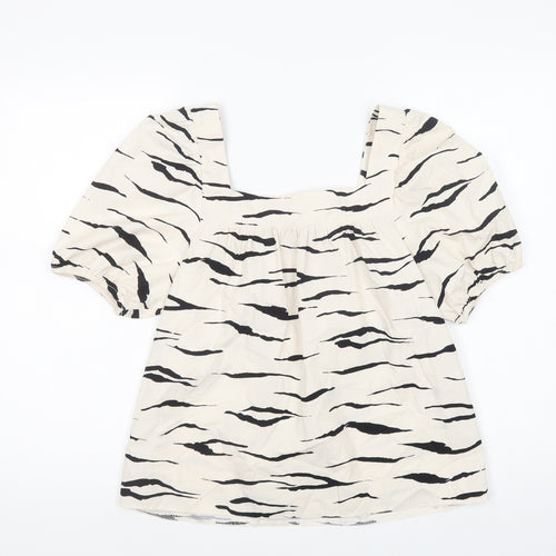 New Look Womens Ivory Animal Print Cotton Basic Blouse Size 10 Square Neck