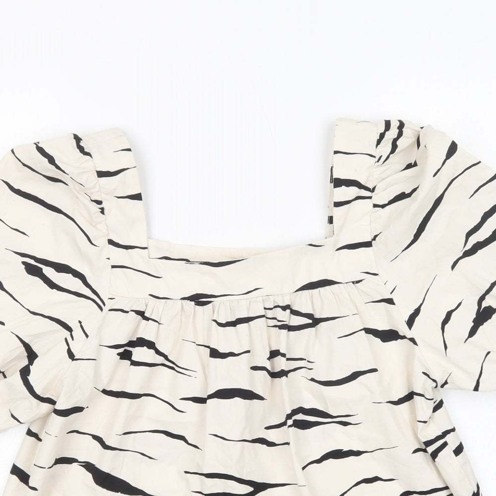 New Look Womens Ivory Animal Print Cotton Basic Blouse Size 10 Square Neck