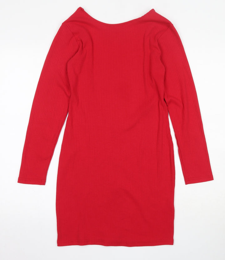Missguided Womens Red  Cotton Skater Dress  Size 10  Round Neck Zip