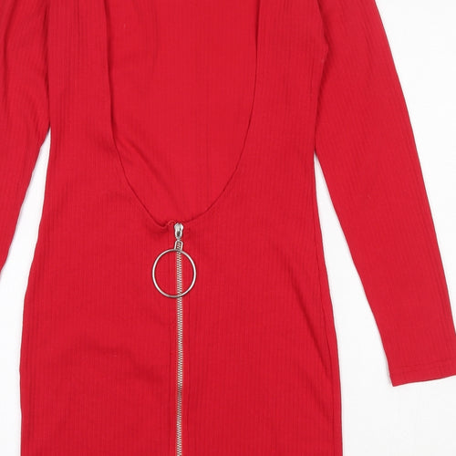 Missguided Womens Red  Cotton Skater Dress  Size 10  Round Neck Zip