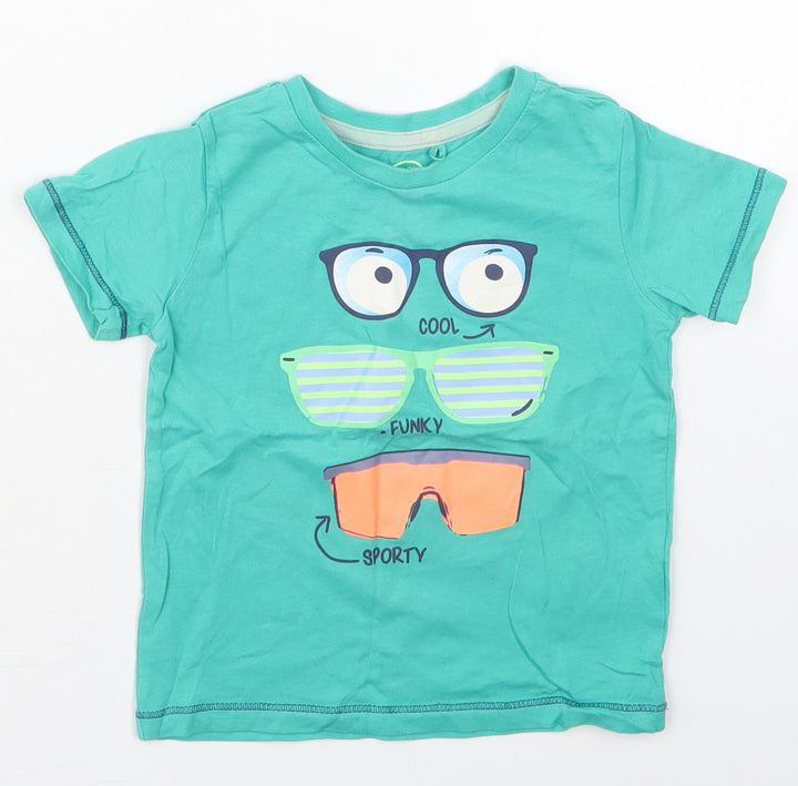 Cool Club Boys Green Cotton Basic T-Shirt Size 2 Years Crew Neck Pullover - Cool Glasses