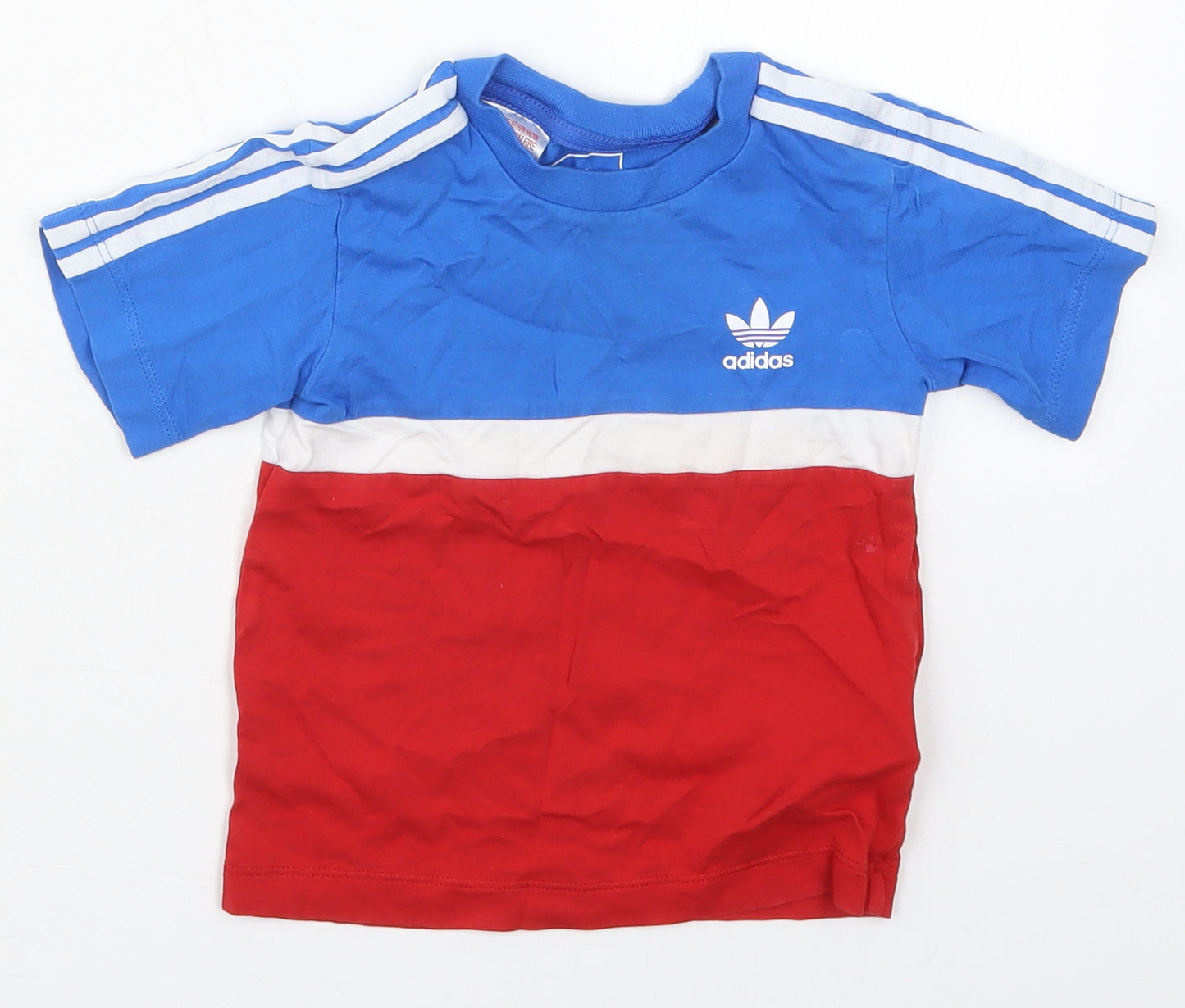 adidas Boys Red Colourblock Cotton Basic T-Shirt Size 18-24 Months Crew Neck Pullover - Blue