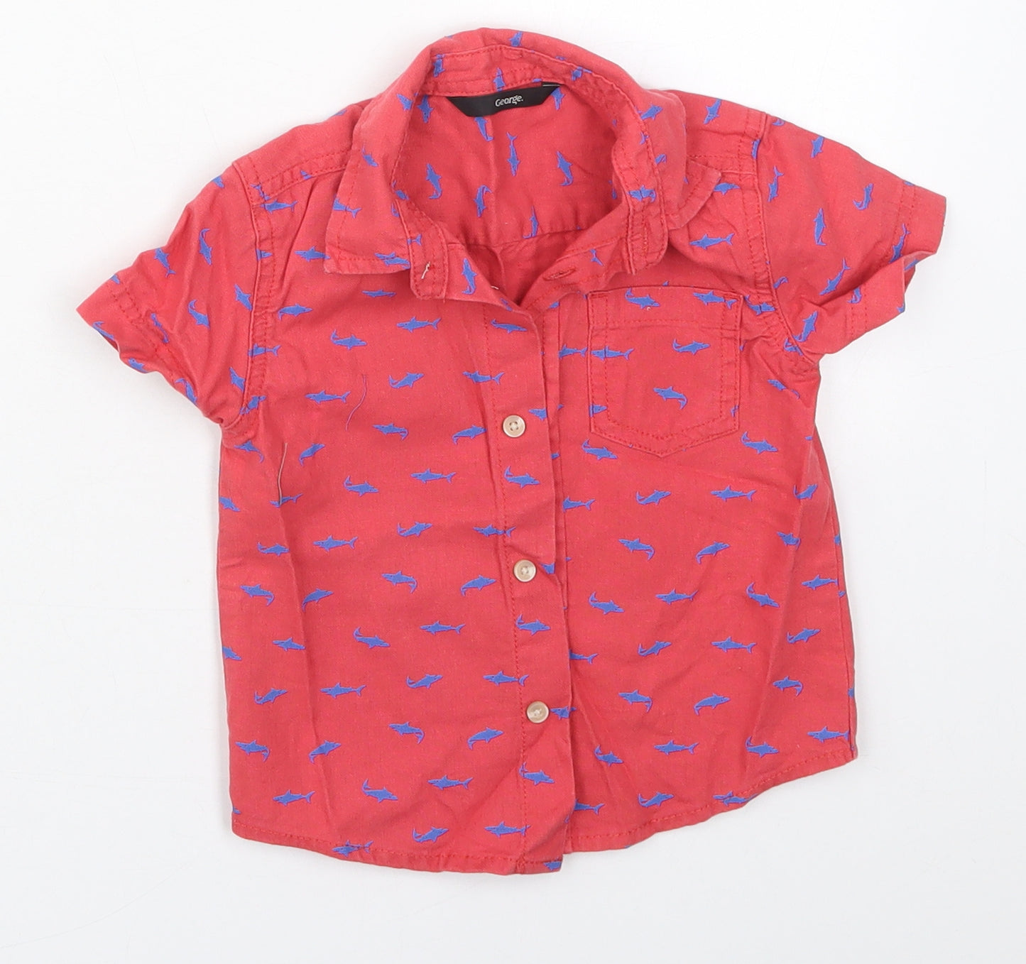 George Boys Red  Linen Basic Button-Up Size 12-18 Months Collared Button - Sharks