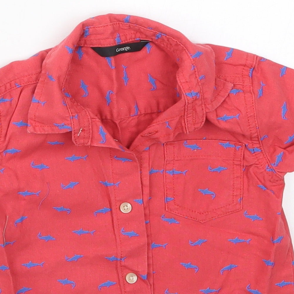 George Boys Red  Linen Basic Button-Up Size 12-18 Months Collared Button - Sharks