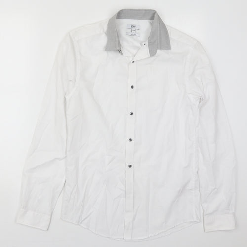 F&F Mens White  Polyester  Dress Shirt Size 14.5 Collared Button