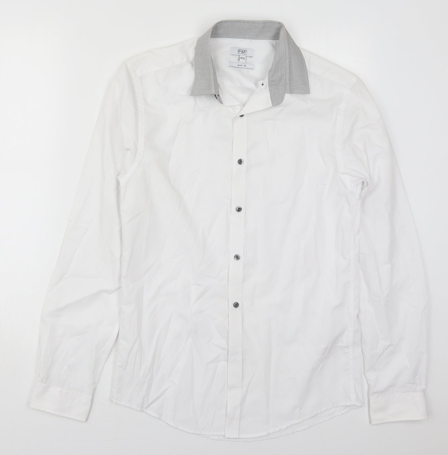 F&F Mens White  Polyester  Dress Shirt Size 14.5 Collared Button