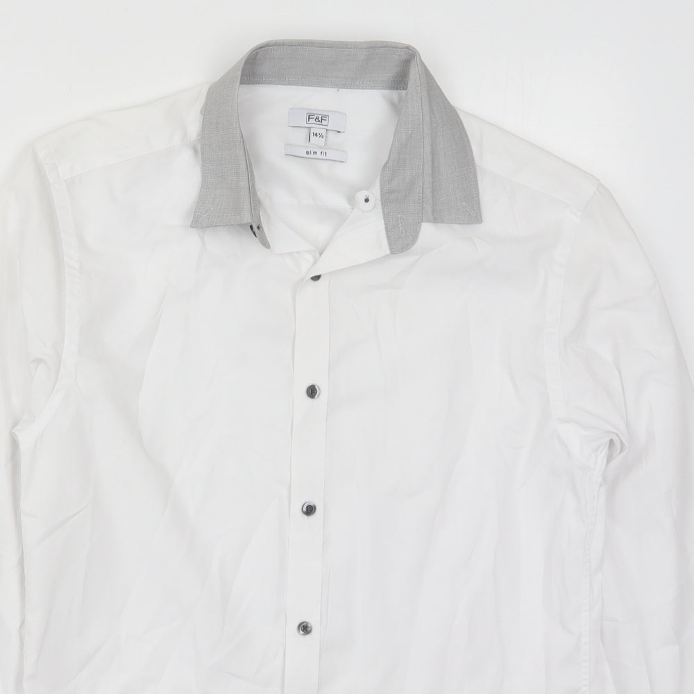 F&F Mens White  Polyester  Dress Shirt Size 14.5 Collared Button