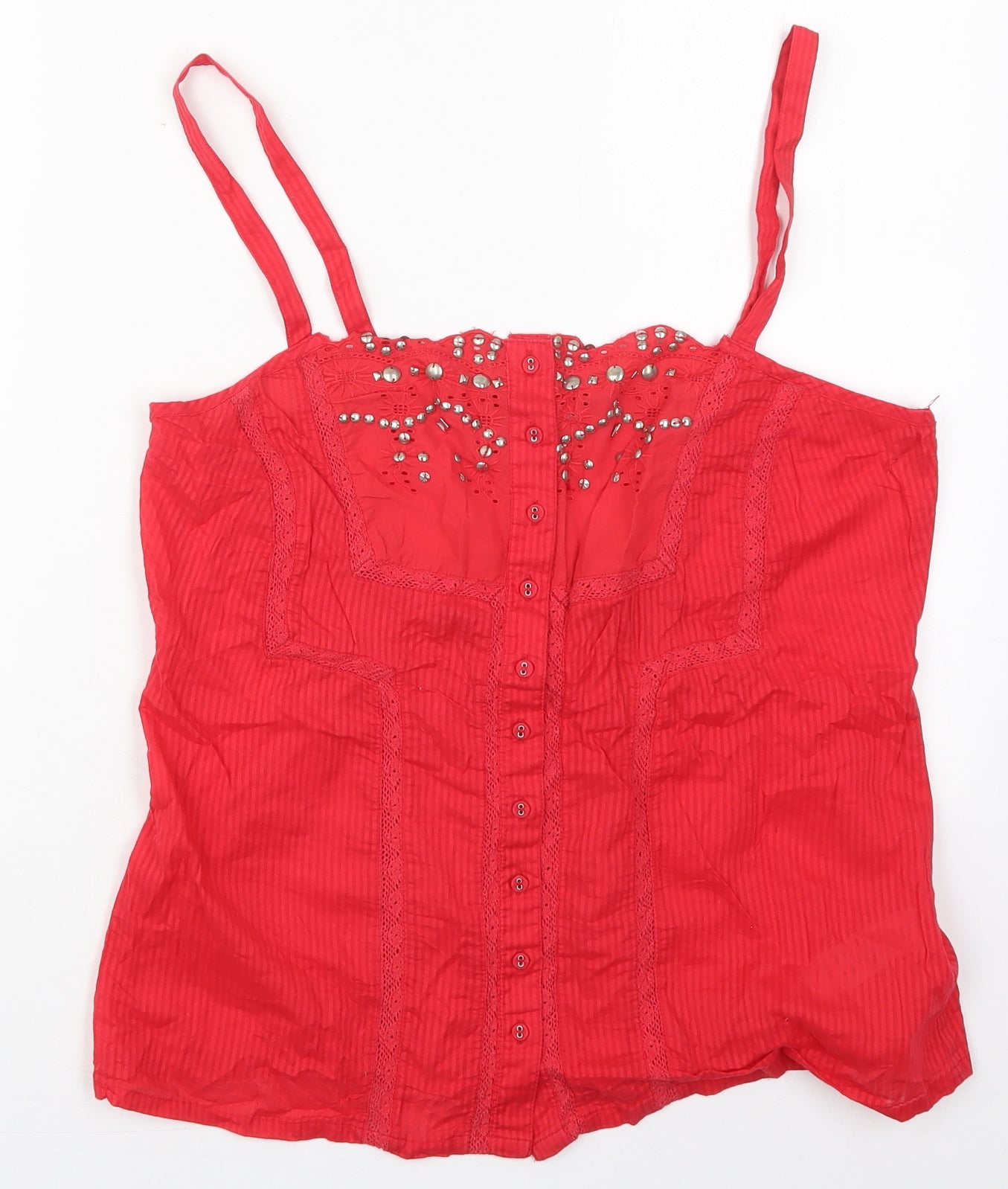 New Look Womens Red Striped Cotton Basic Tank Size 16 Scoop Neck