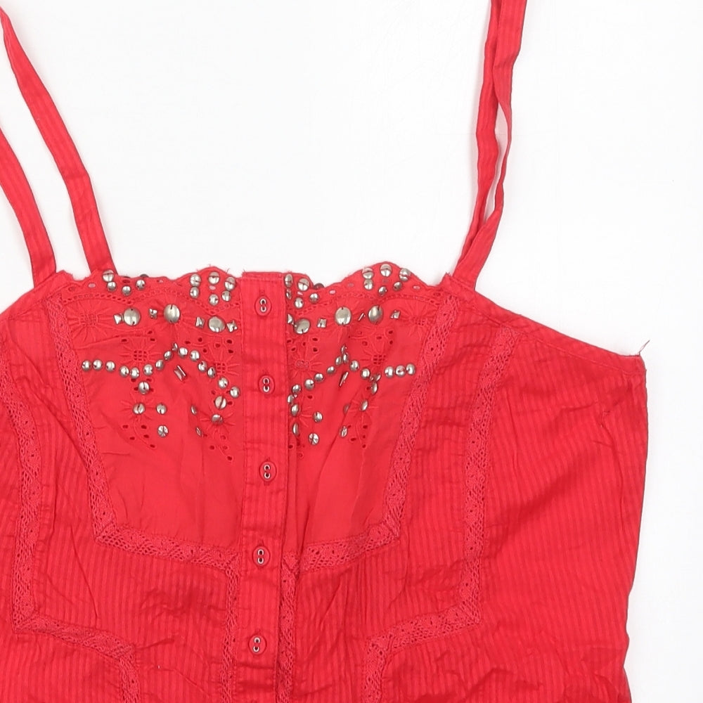 New Look Womens Red Striped Cotton Basic Tank Size 16 Scoop Neck