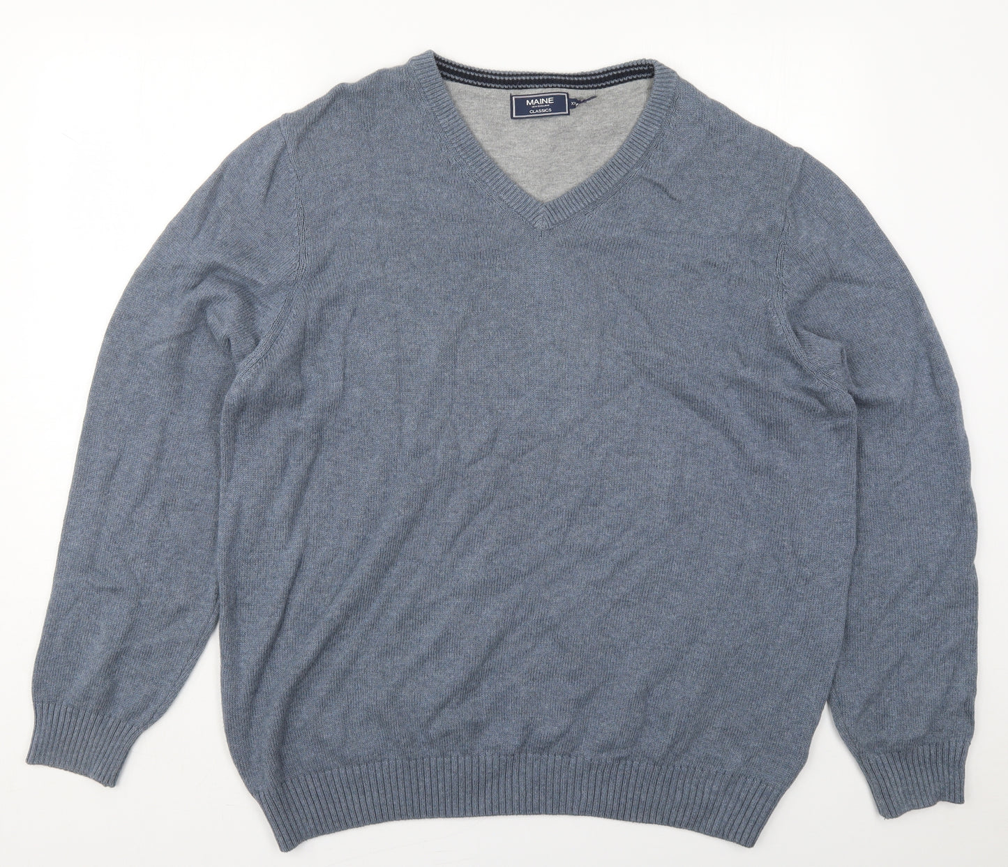 Maine Mens Blue V-Neck  Cotton Pullover Jumper Size 2XL