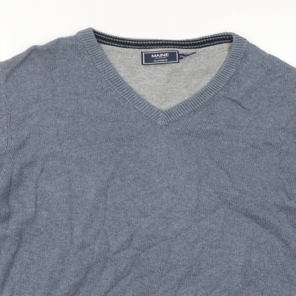 Maine Mens Blue V-Neck  Cotton Pullover Jumper Size 2XL