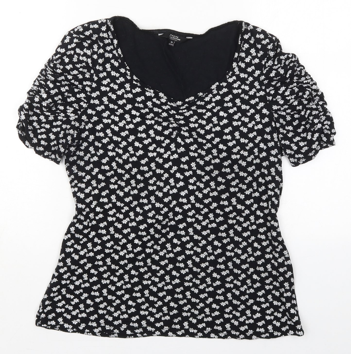 Debenhams Womens Black Floral Viscose Basic T-Shirt Size 16 Round Neck