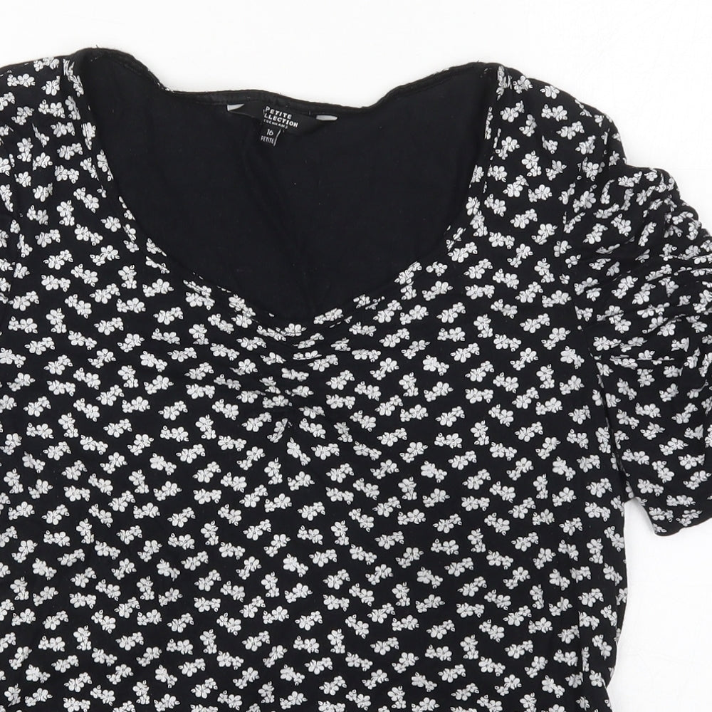 Debenhams Womens Black Floral Viscose Basic T-Shirt Size 16 Round Neck