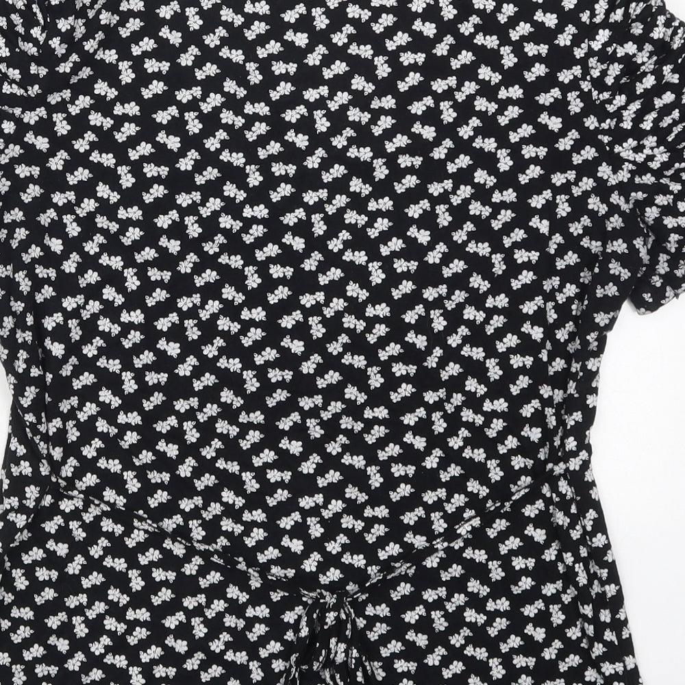 Debenhams Womens Black Floral Viscose Basic T-Shirt Size 16 Round Neck