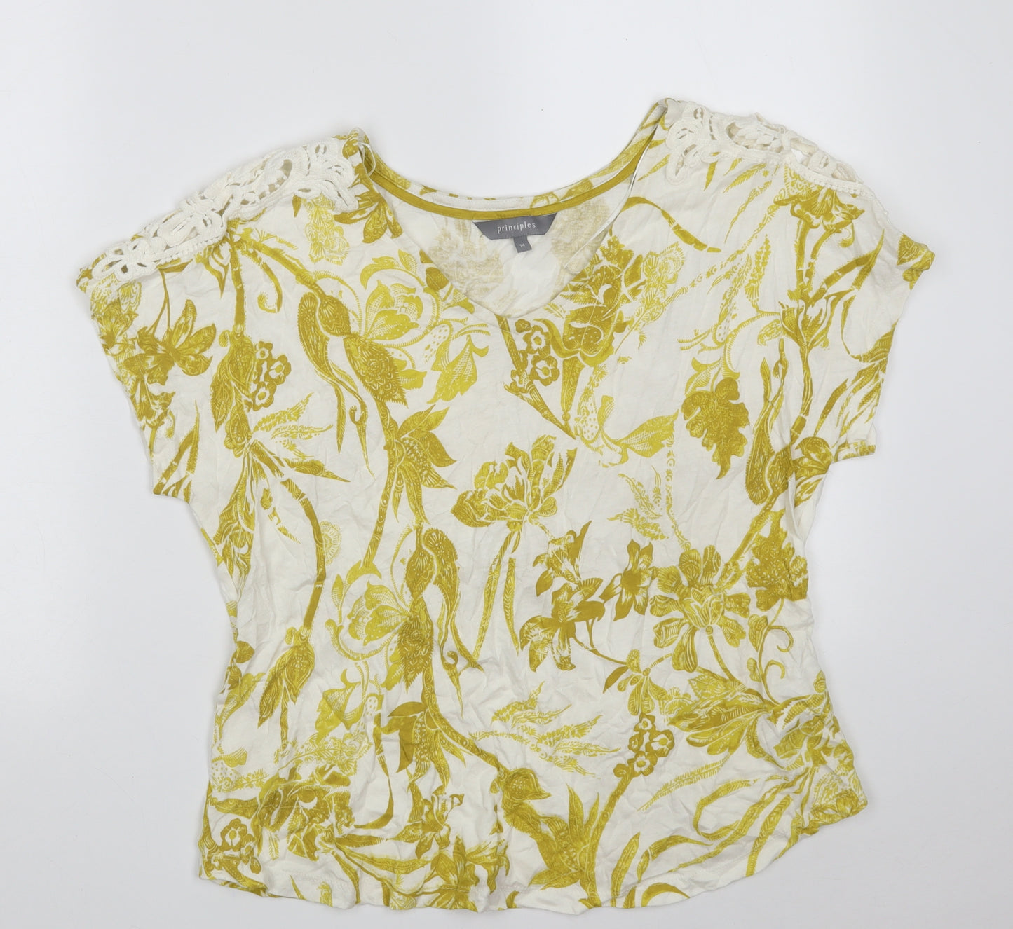 Principles Womens White Floral Cotton Basic T-Shirt Size 14 V-Neck