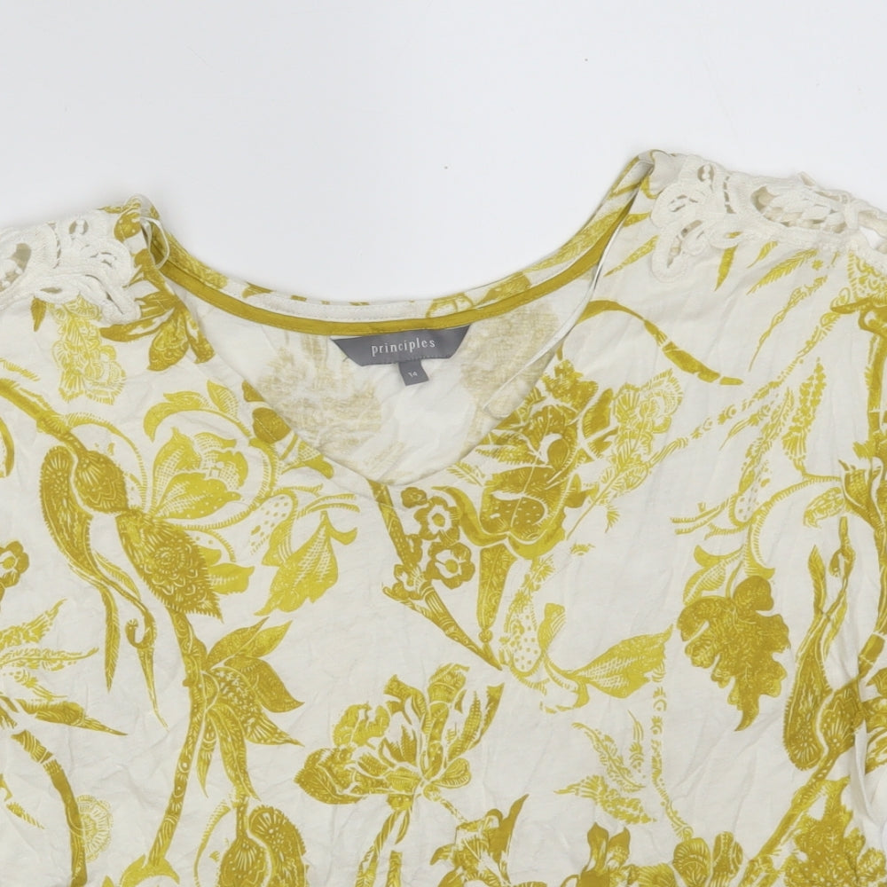 Principles Womens White Floral Cotton Basic T-Shirt Size 14 V-Neck