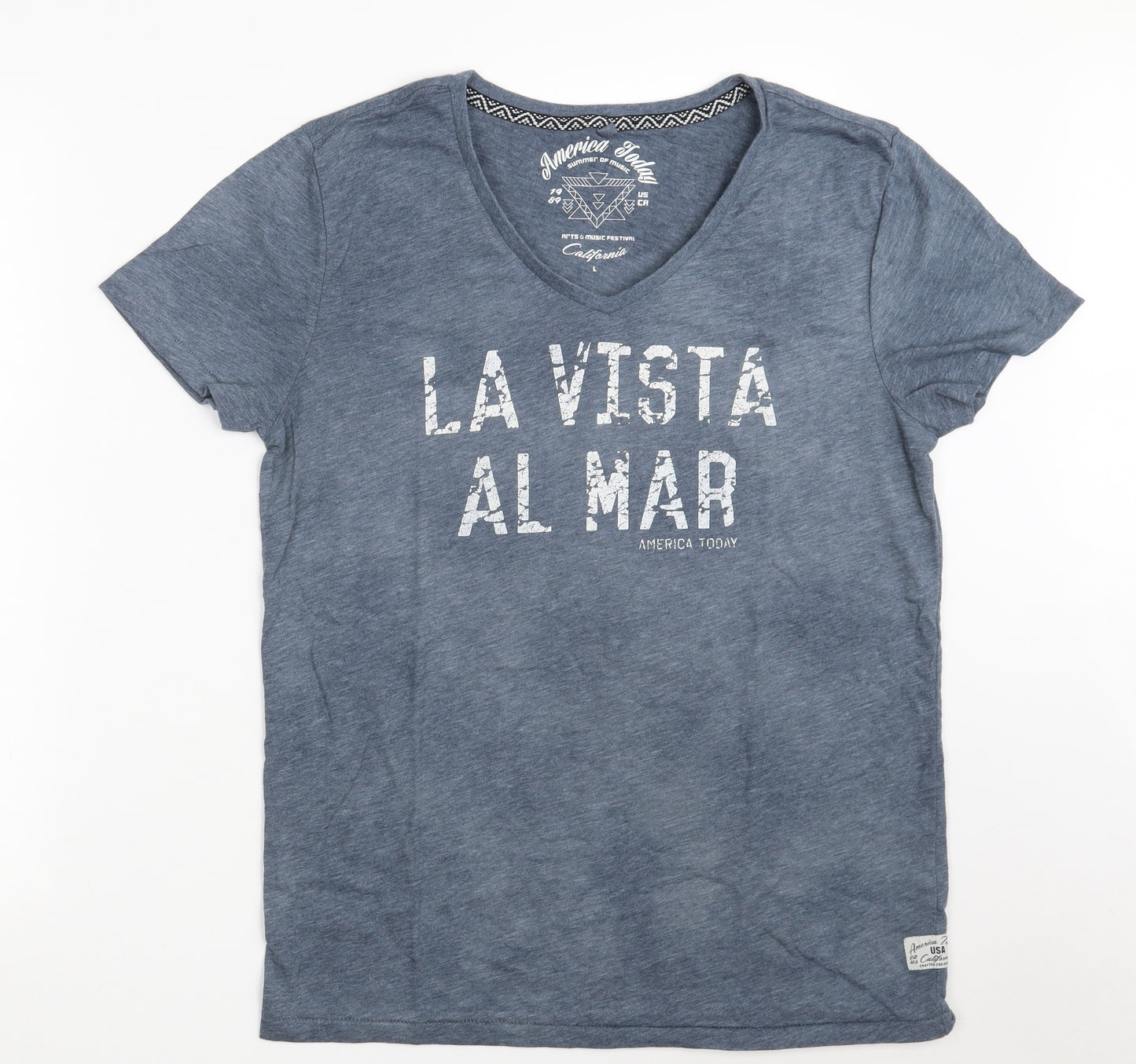 AMERICA TODAY Mens Blue  Cotton  T-Shirt Size L V-Neck  - La Vista Al Mar