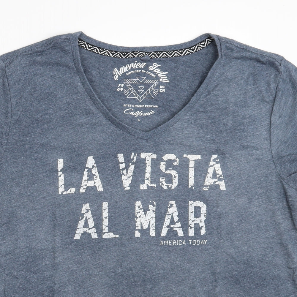AMERICA TODAY Mens Blue  Cotton  T-Shirt Size L V-Neck  - La Vista Al Mar