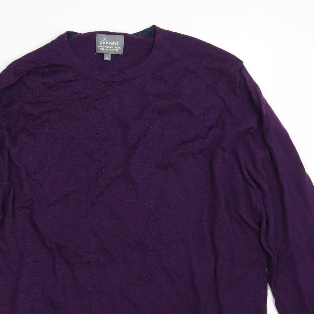 Linea Mens Purple Round Neck  Wool Pullover Jumper Size L   - 100 % Merino Wool