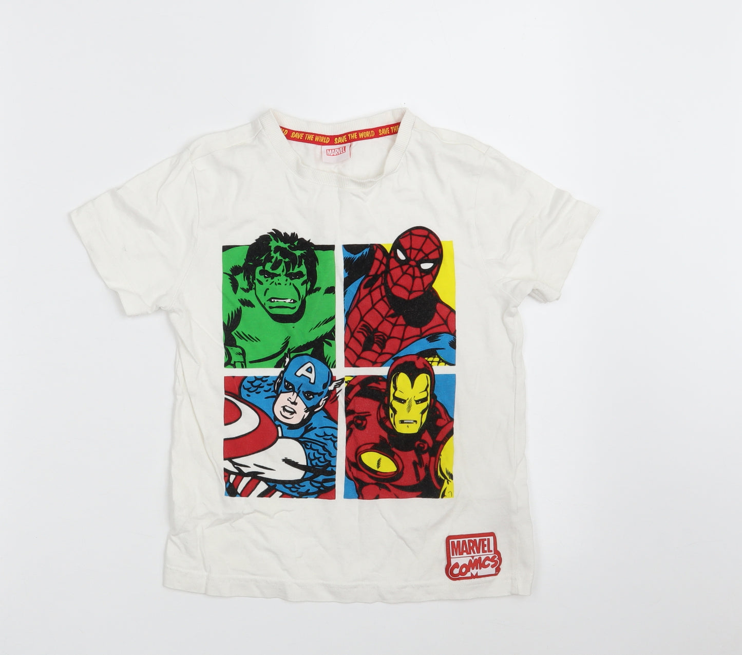 TESCO Boys White  100% Cotton Pullover T-Shirt Size 6-7 Years Round Neck  - MARVEL Comics