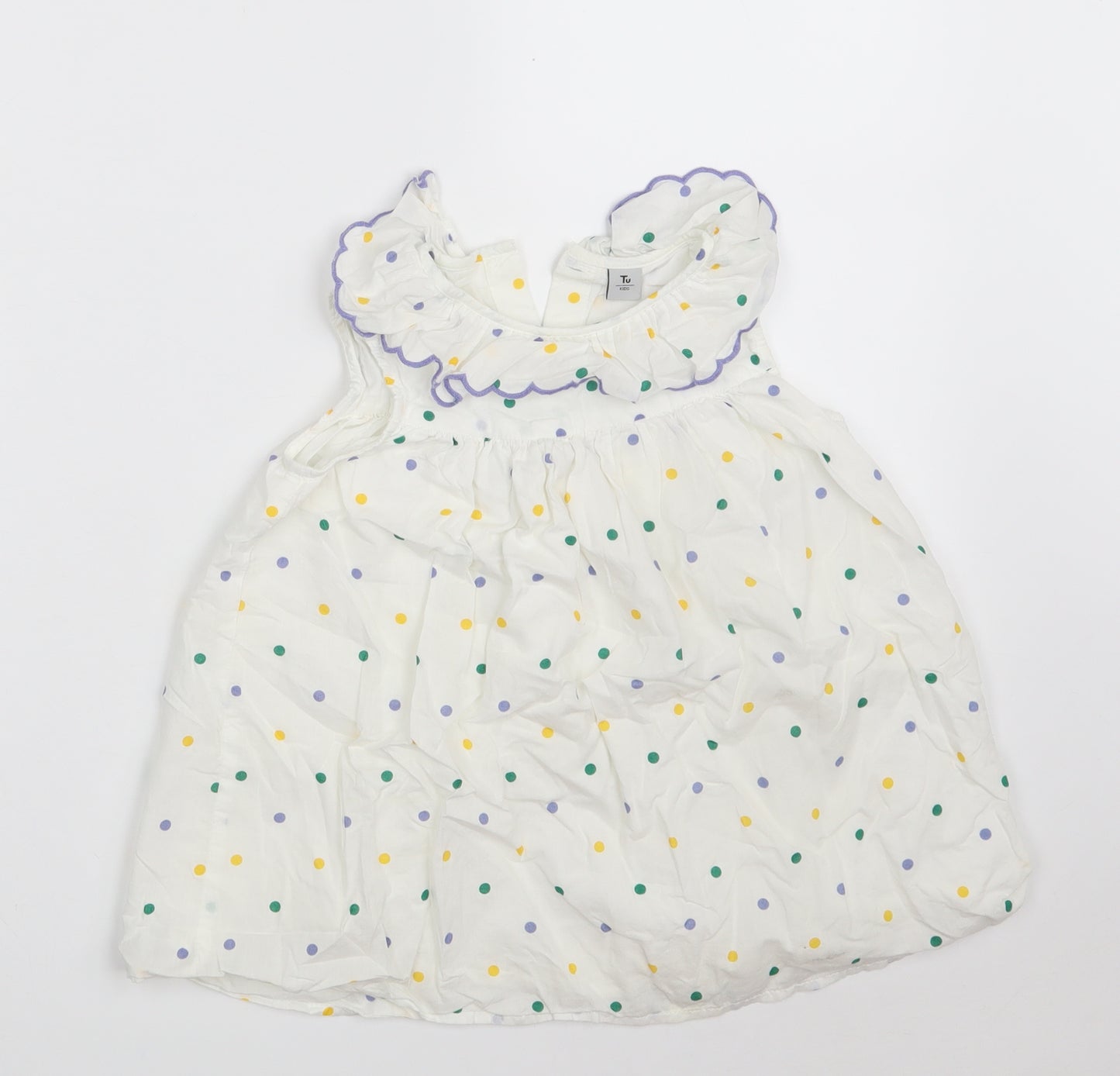 TU Girls White Polka Dot 100% Cotton A-Line  Size 5-6 Years  Collared Button