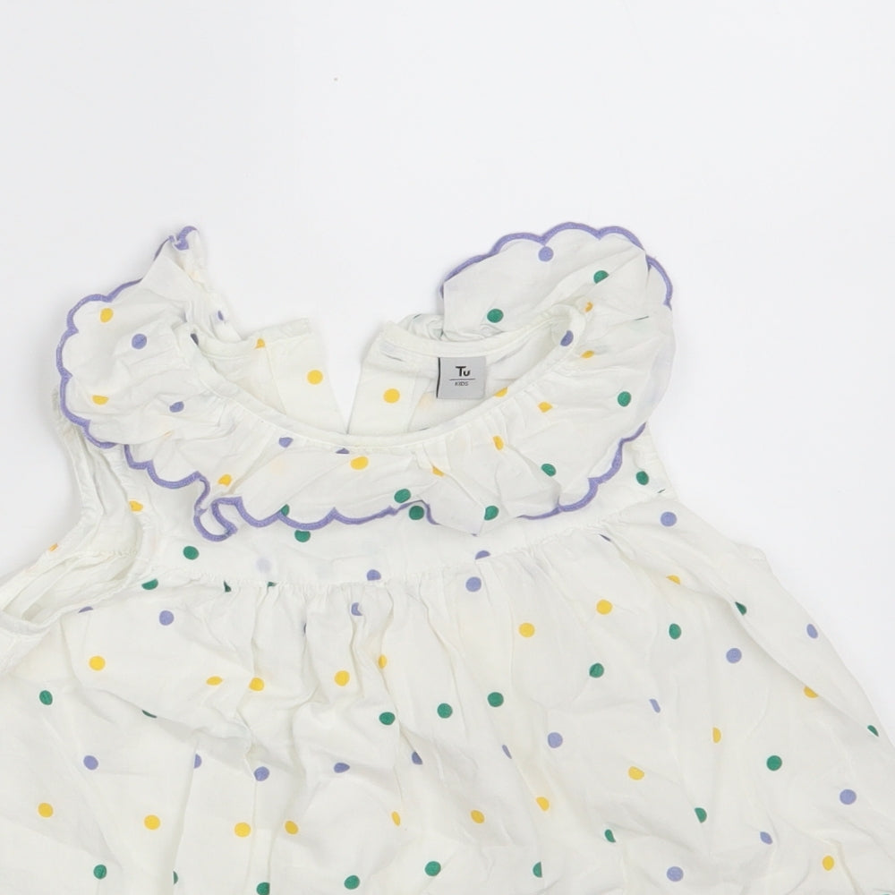 TU Girls White Polka Dot 100% Cotton A-Line  Size 5-6 Years  Collared Button