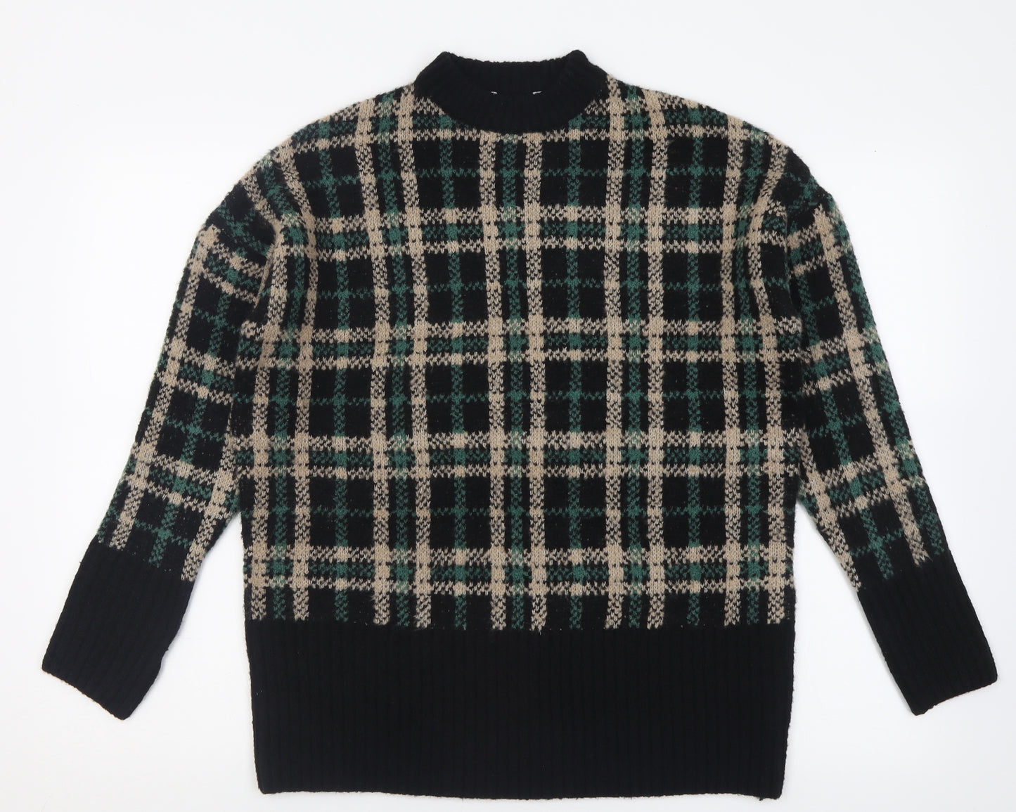 pep&co Womens Green Crew Neck Check Acrylic Pullover Jumper Size S