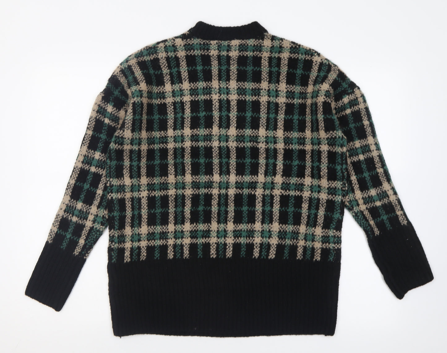 pep&co Womens Green Crew Neck Check Acrylic Pullover Jumper Size S
