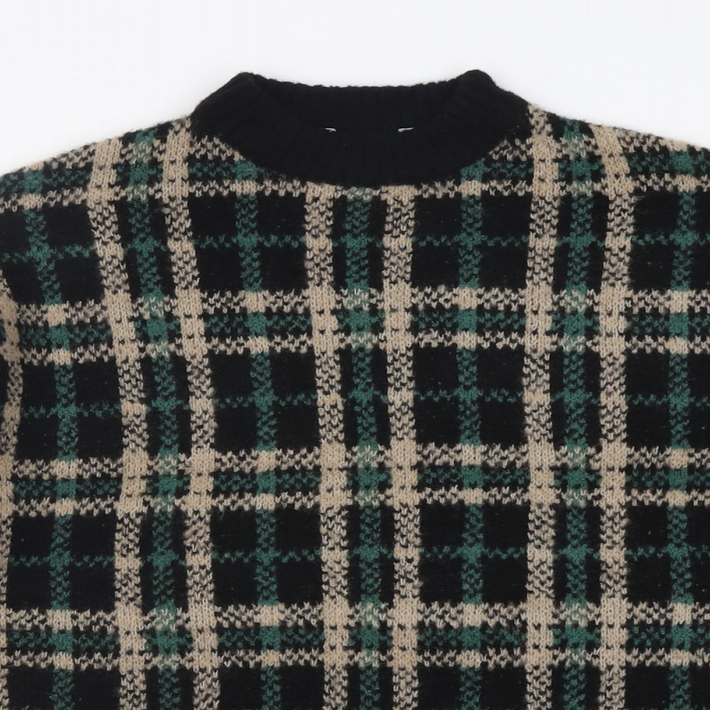 pep&co Womens Green Crew Neck Check Acrylic Pullover Jumper Size S
