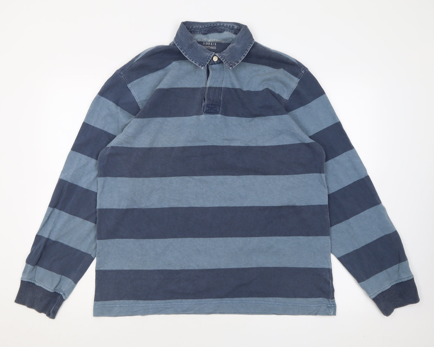 Blue Harbour Mens Blue Striped Cotton  Polo Size M Collared Button