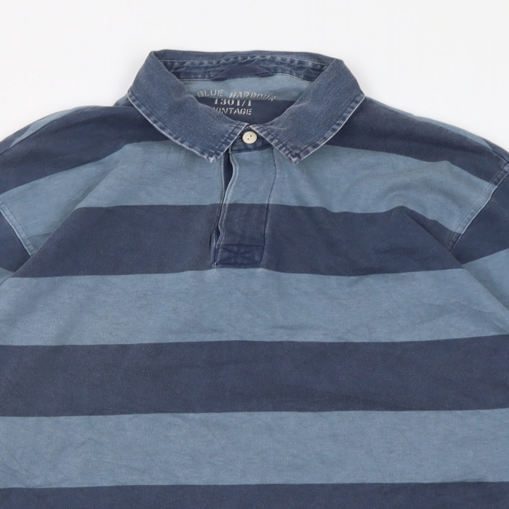 Blue Harbour Mens Blue Striped Cotton  Polo Size M Collared Button