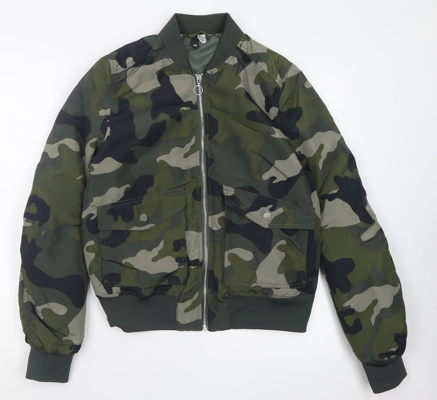 H&M Womens Green Camouflage  Bomber Jacket Jacket Size 12  Zip