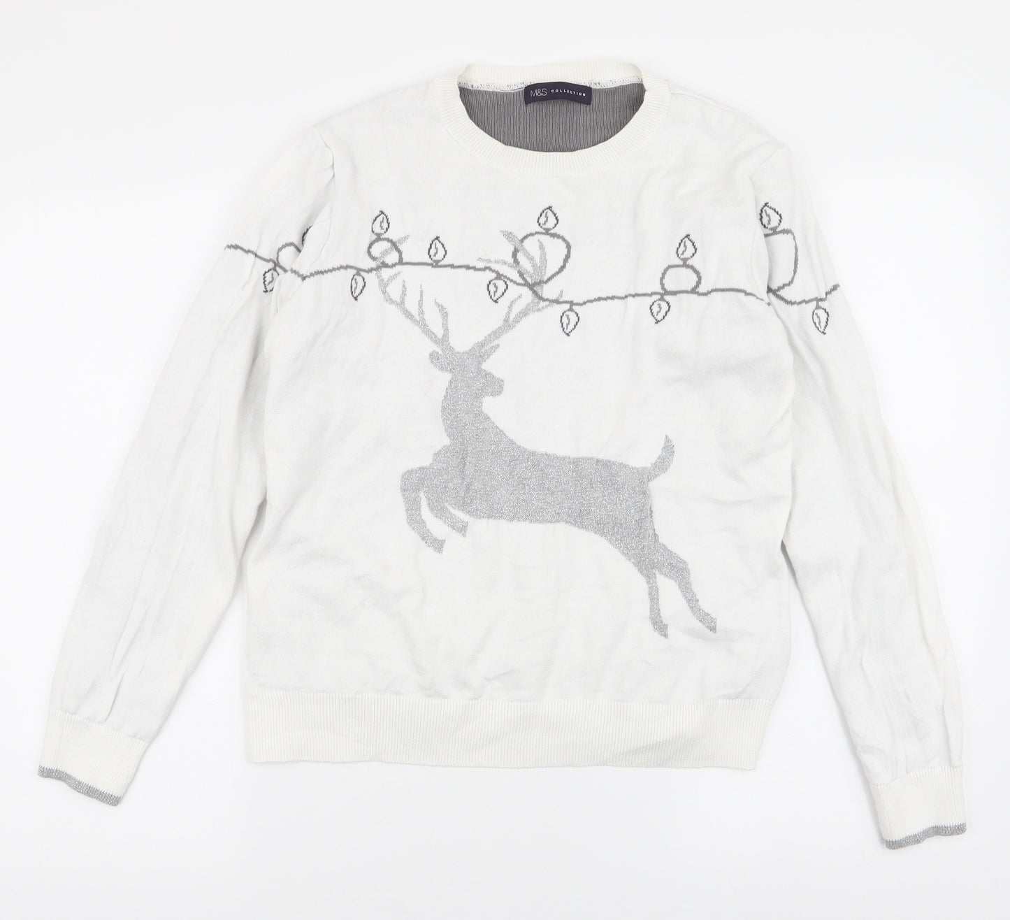 Marks and Spencer Womens White Round Neck  Cotton Pullover Jumper Size M   - Reindeer