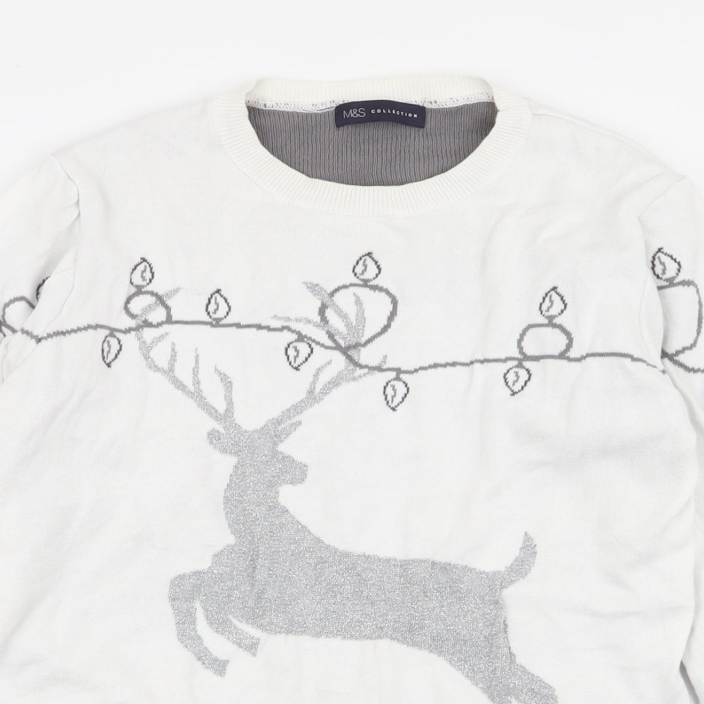 Marks and Spencer Womens White Round Neck  Cotton Pullover Jumper Size M   - Reindeer